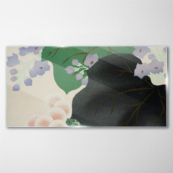 Green leaf with flowers Wall art on glass