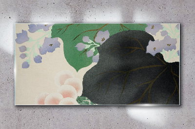 Green leaf with flowers Wall art on glass