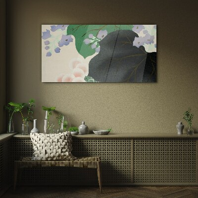 Green leaf with flowers Wall art on glass