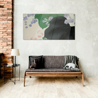 Green leaf with flowers Wall art on glass