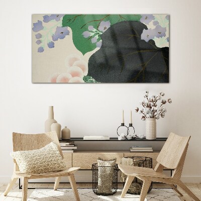 Green leaf with flowers Wall art on glass