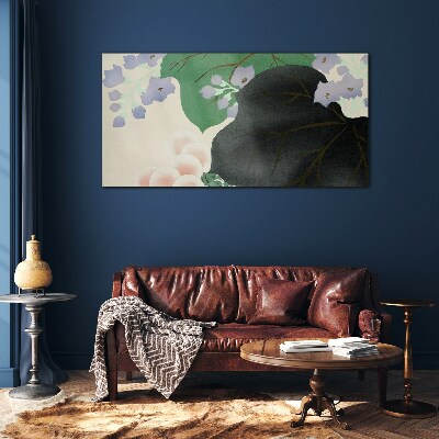 Green leaf with flowers Wall art on glass