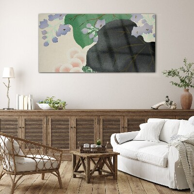 Green leaf with flowers Wall art on glass