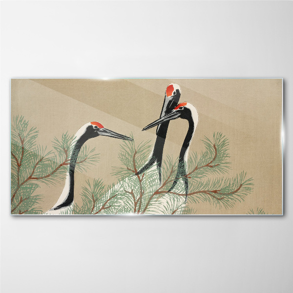 Three cranes among the pine branches Glass art print