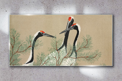 Three cranes among the pine branches Glass art print