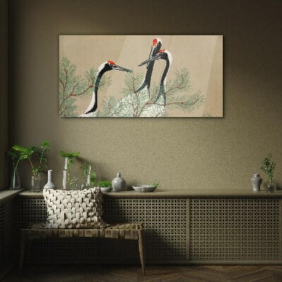 Three cranes among the pine branches Glass art print