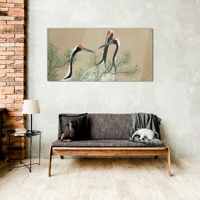 Three cranes among the pine branches Glass art print