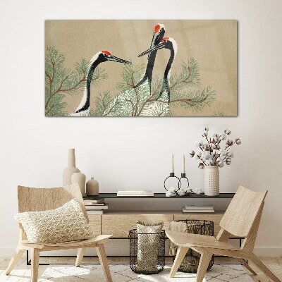 Three cranes among the pine branches Glass art print