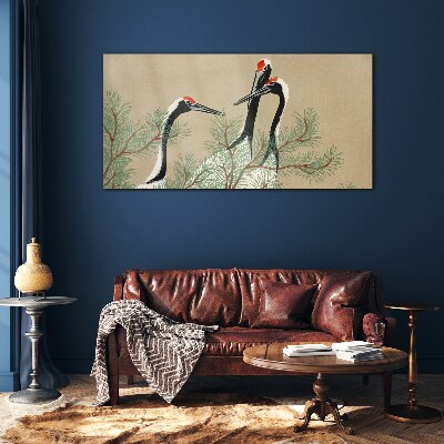 Three cranes among the pine branches Glass art print