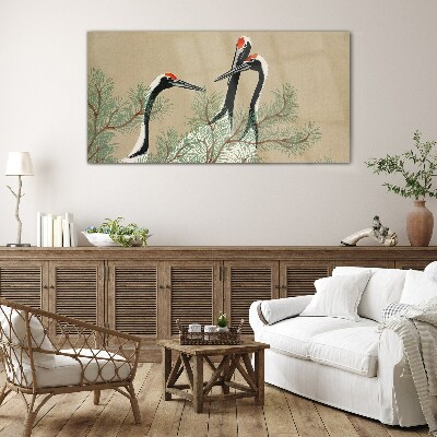 Three cranes among the pine branches Glass art print