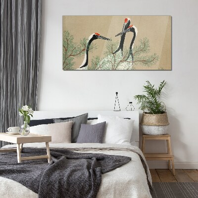 Three cranes among the pine branches Glass art print