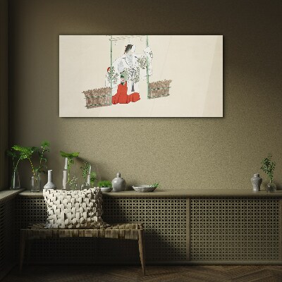 Traditional Japanese scene with a woman Wall art on glass