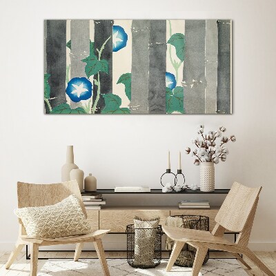 Morning in the forest with blue flowers Wall art on glass