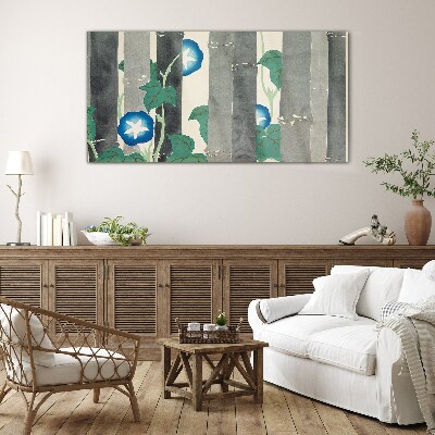 Morning in the forest with blue flowers Wall art on glass