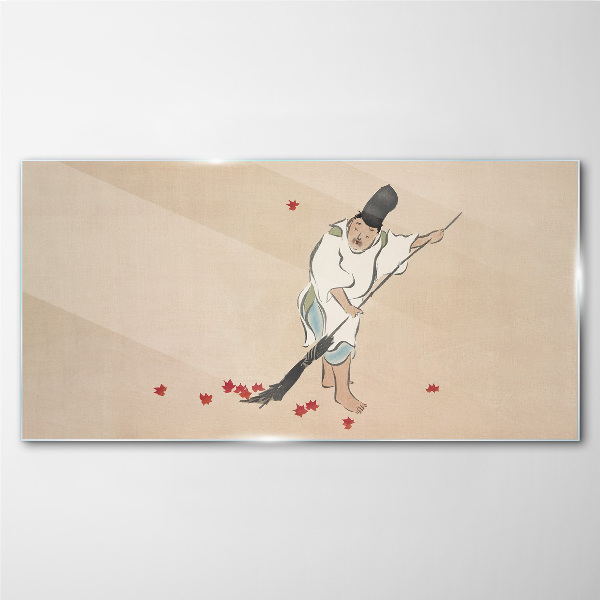 Monk cleaning with leaves Wall art on glass