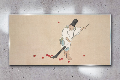 Monk cleaning with leaves Wall art on glass