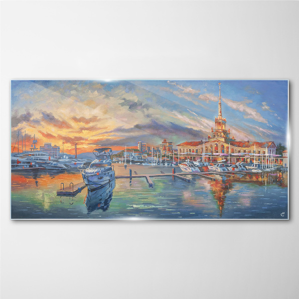 Sunset over the port Wall art on glass