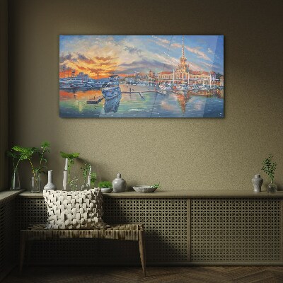 Sunset over the port Wall art on glass