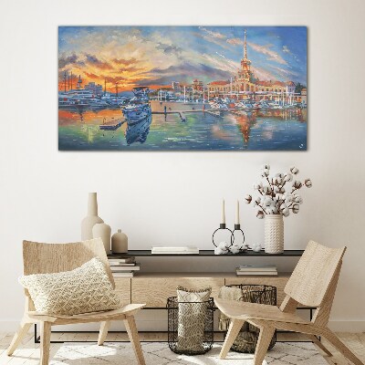 Sunset over the port Wall art on glass