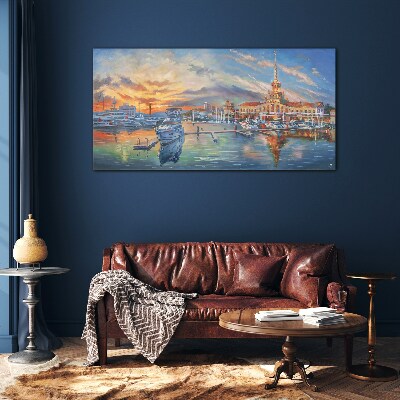 Sunset over the port Wall art on glass