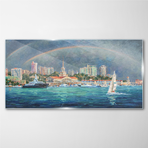 Sea panorama with a rainbow Glass art print