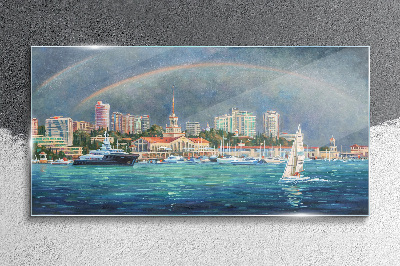 Sea panorama with a rainbow Glass art print