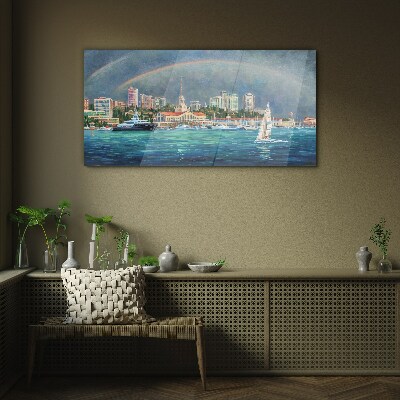 Sea panorama with a rainbow Glass art print