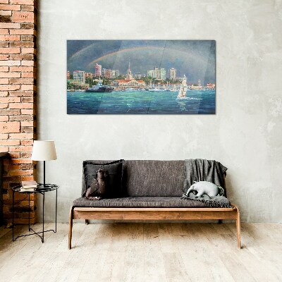 Sea panorama with a rainbow Glass art print