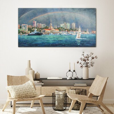 Sea panorama with a rainbow Glass art print