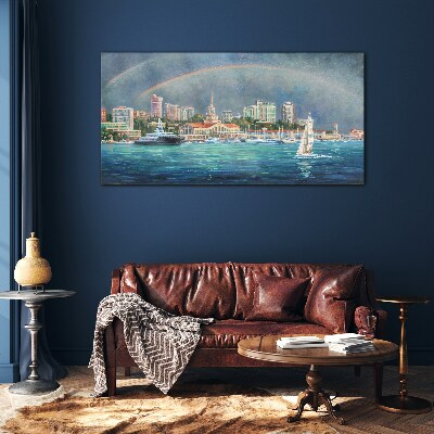 Sea panorama with a rainbow Glass art print