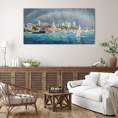 Port of ships rainbow Glass Wall Art