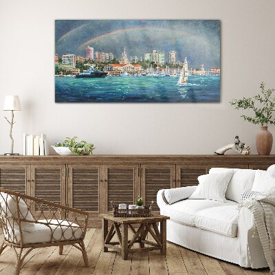 Sea panorama with a rainbow Glass art print