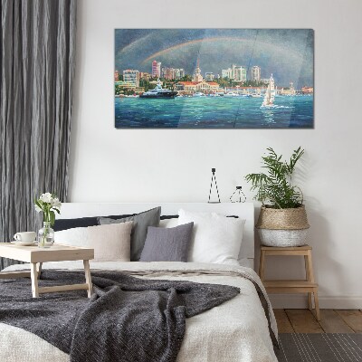 Port of ships rainbow Glass Wall Art