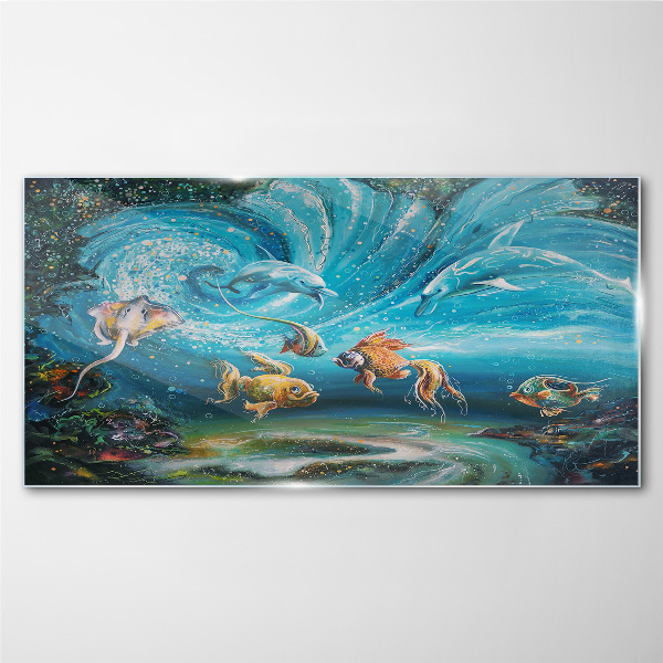 Underwater dance of dolphins and fish Wall art on glass