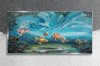 Underwater dance of dolphins and fish Wall art on glass