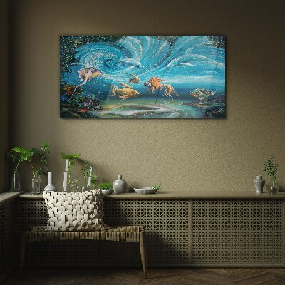 Underwater dance of dolphins and fish Wall art on glass