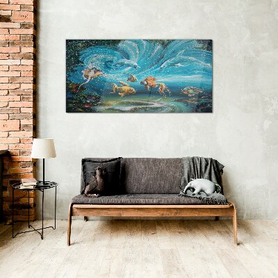 Underwater dance of dolphins and fish Wall art on glass
