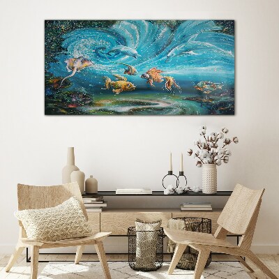 Underwater dance of dolphins and fish Wall art on glass