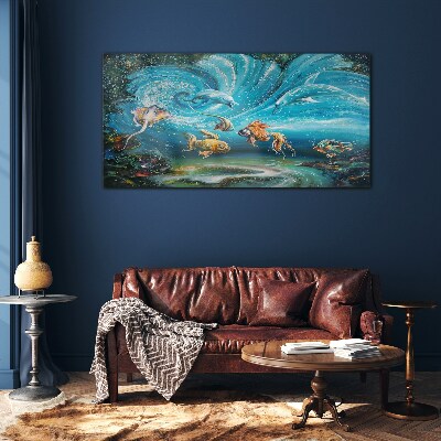 Underwater dance of dolphins and fish Wall art on glass