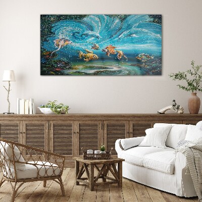 Underwater dance of dolphins and fish Wall art on glass