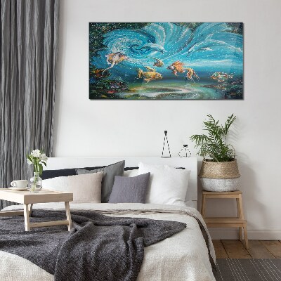 Underwater dance of dolphins and fish Wall art on glass