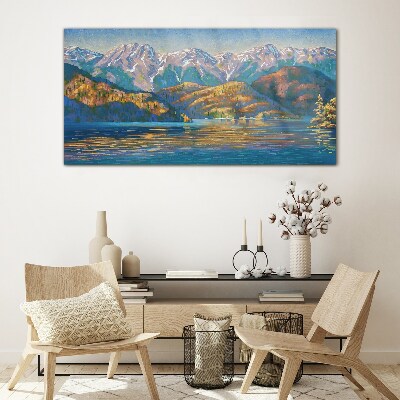 Mountain landscape in summer colors Glass art print