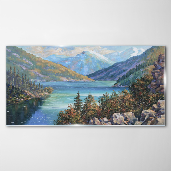 Mountain landscape by the lake Wall art on glass