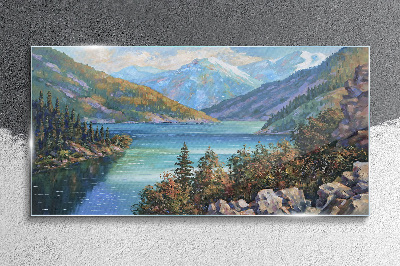Mountain landscape by the lake Wall art on glass