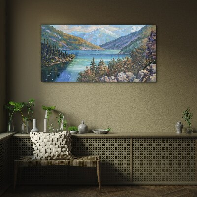 Mountain landscape by the lake Wall art on glass