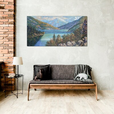 Mountain landscape by the lake Wall art on glass