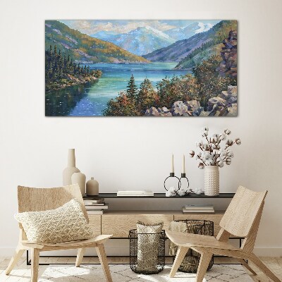 Mountain landscape by the lake Wall art on glass