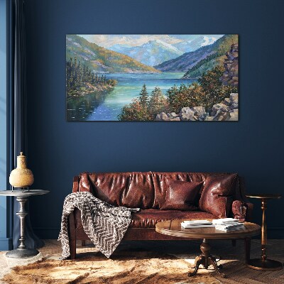 Mountain landscape by the lake Wall art on glass