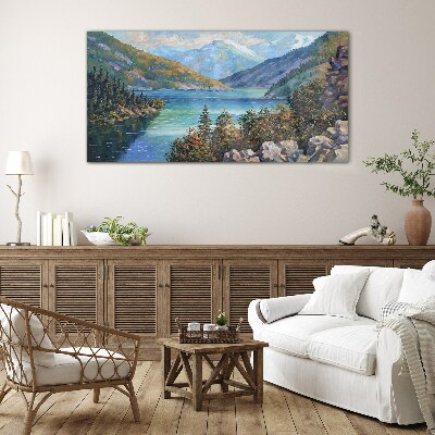 Mountain landscape by the lake Wall art on glass
