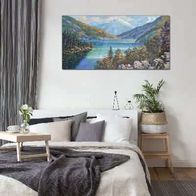Mountain landscape by the lake Wall art on glass